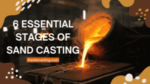 Molten metal being poured into a sand mold, a key step in the sand casting manufacturing technique